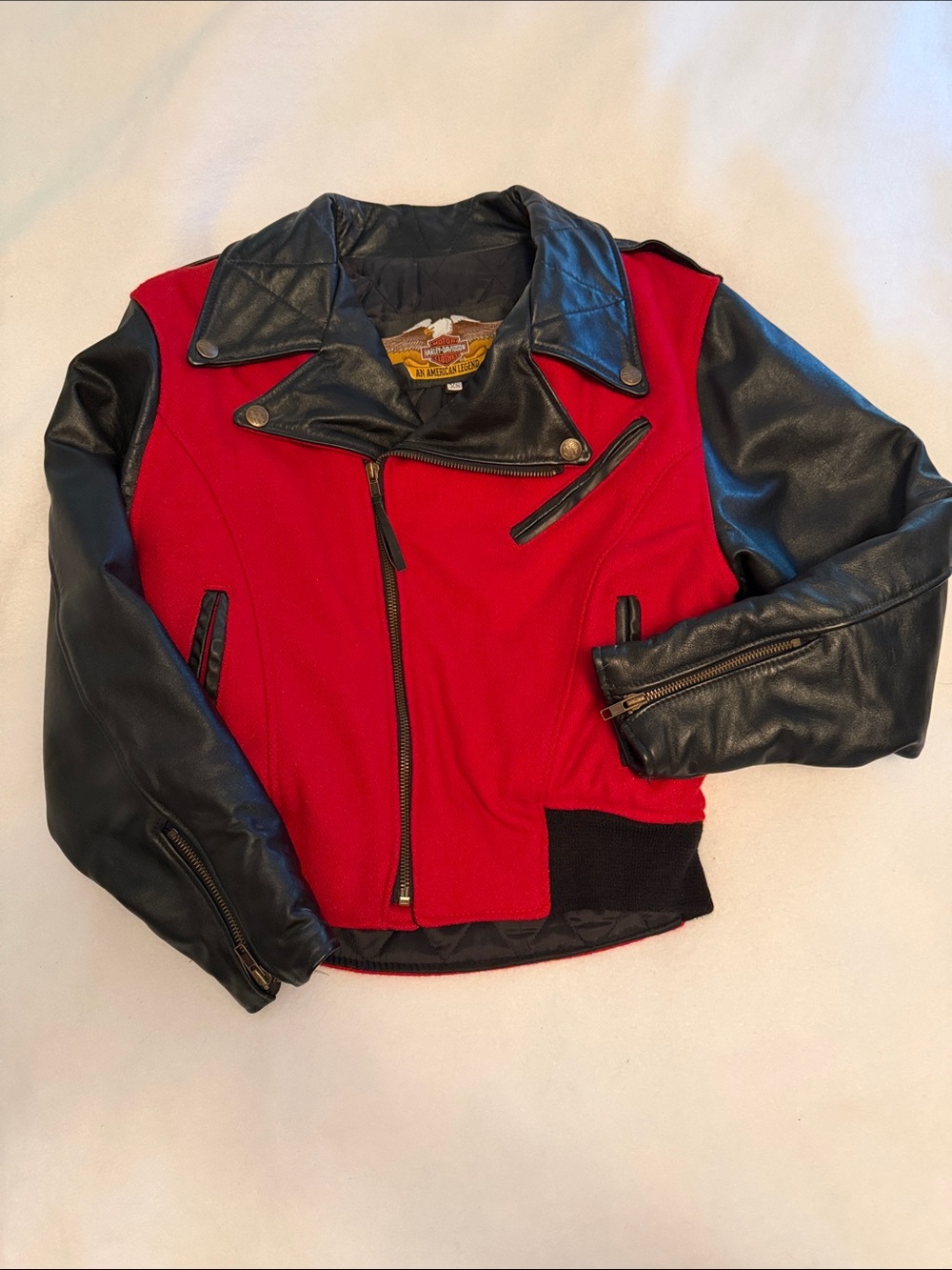 Harley-Davidson Ladies xs red wool black leather gold stiching back emblem